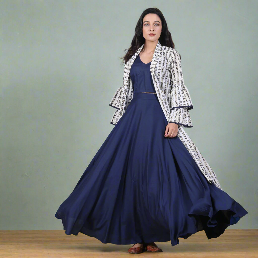 Buy Indigo Blue Crop Top Skirt Set with Tiered Bell Sleeves Shrug