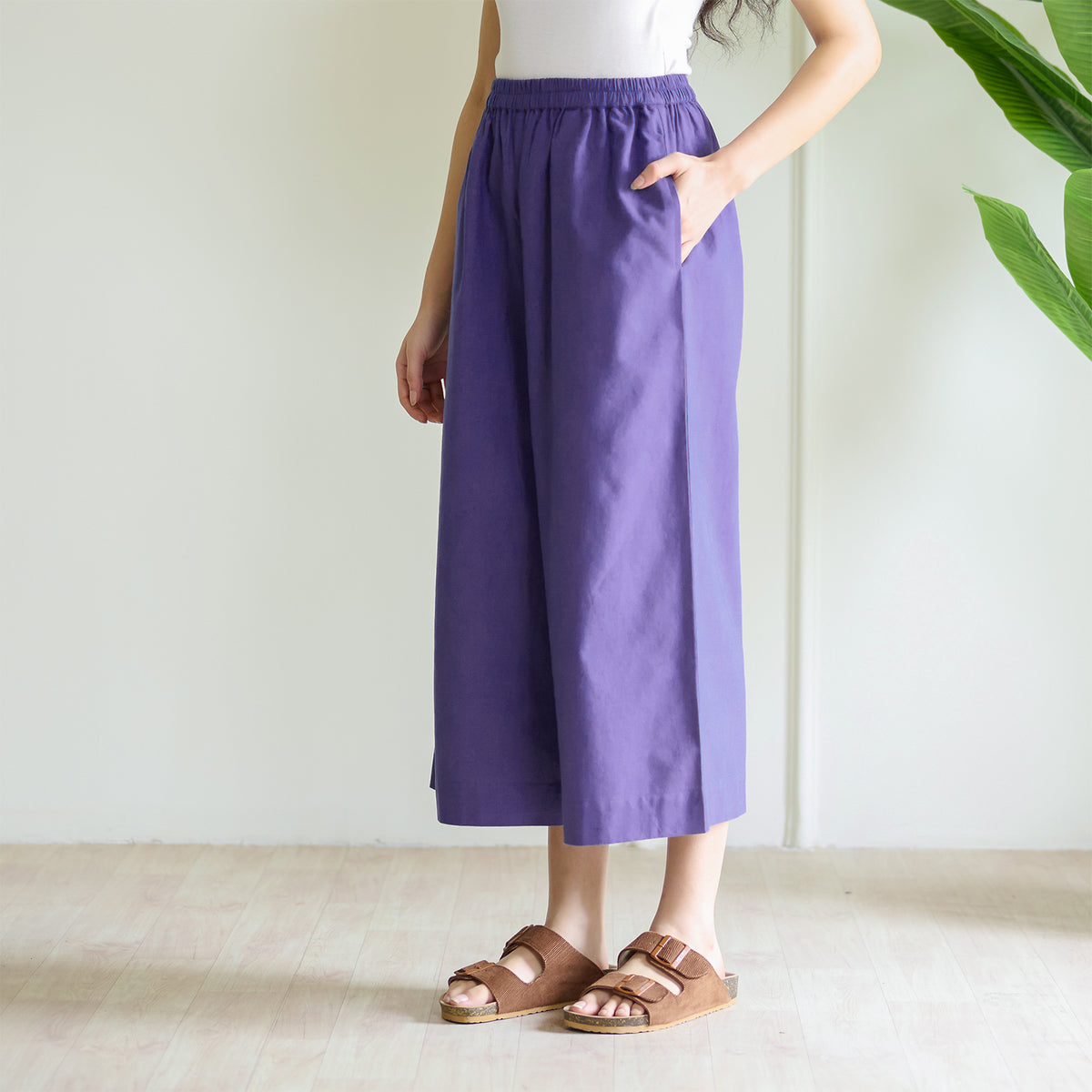 High Waist Elasticated Cotton Culottes - Violet