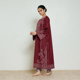 Nura Hand Embroidered Woollen Long Kurta - Maroon