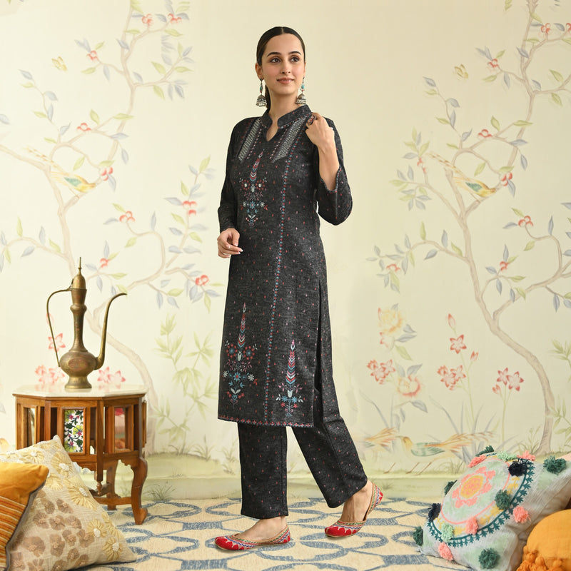 Black Embroidered Woollen Kurta Pant Set