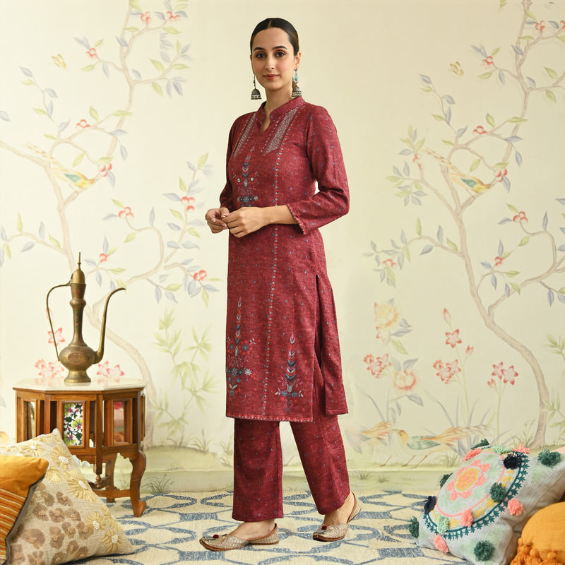 Maroon Embroidered Woollen Kurta