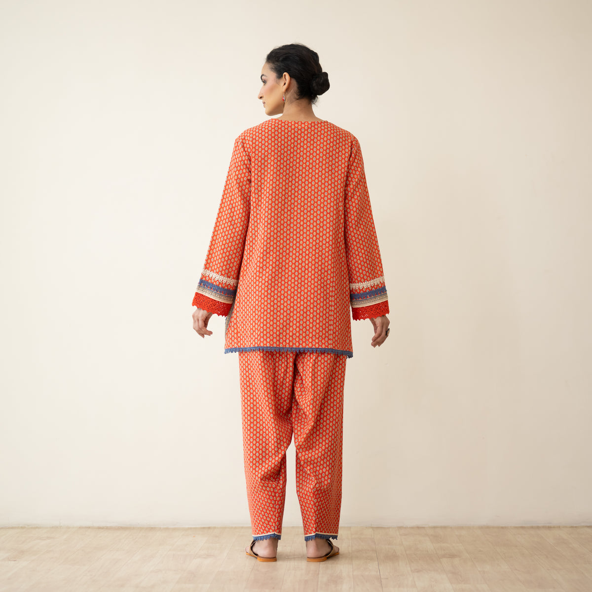 Nazreen Lace Detailed Slub Cotton Salwar Set - Rust