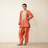 Nazreen Lace Detailed  Slub Cotton Salwar Set - Rust