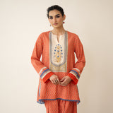 Nazreen Lace Detailed  Slub Cotton Salwar Set - Rust