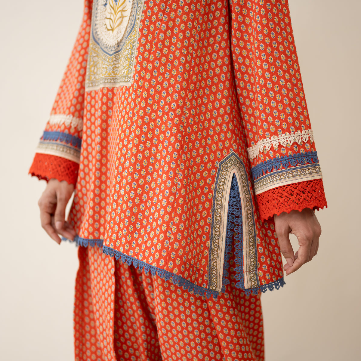 Nazreen Lace Detailed Slub Cotton Salwar Set - Rust