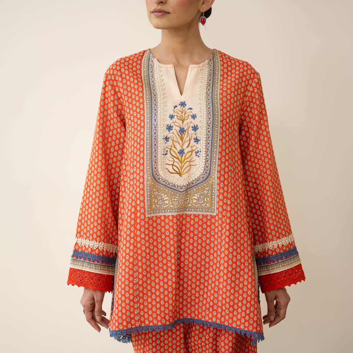 Nazreen Lace Detailed Slub Cotton Salwar Set - Rust