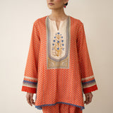 Nazreen Lace Detailed  Slub Cotton Salwar Set - Rust