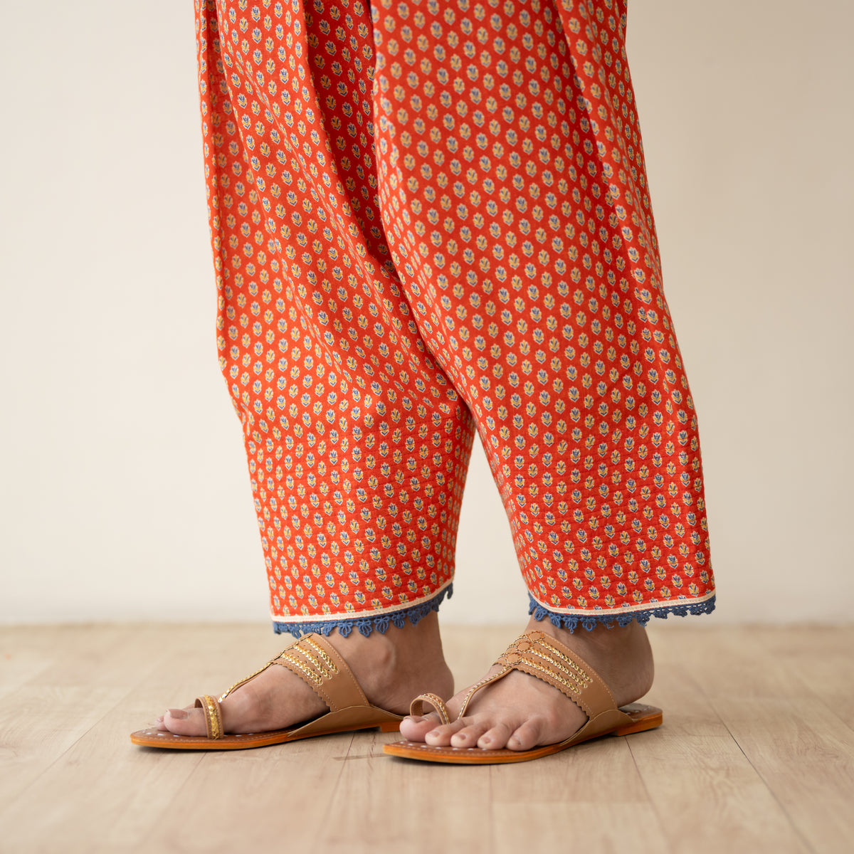 Nazreen Lace Detailed Slub Cotton Salwar Set - Rust