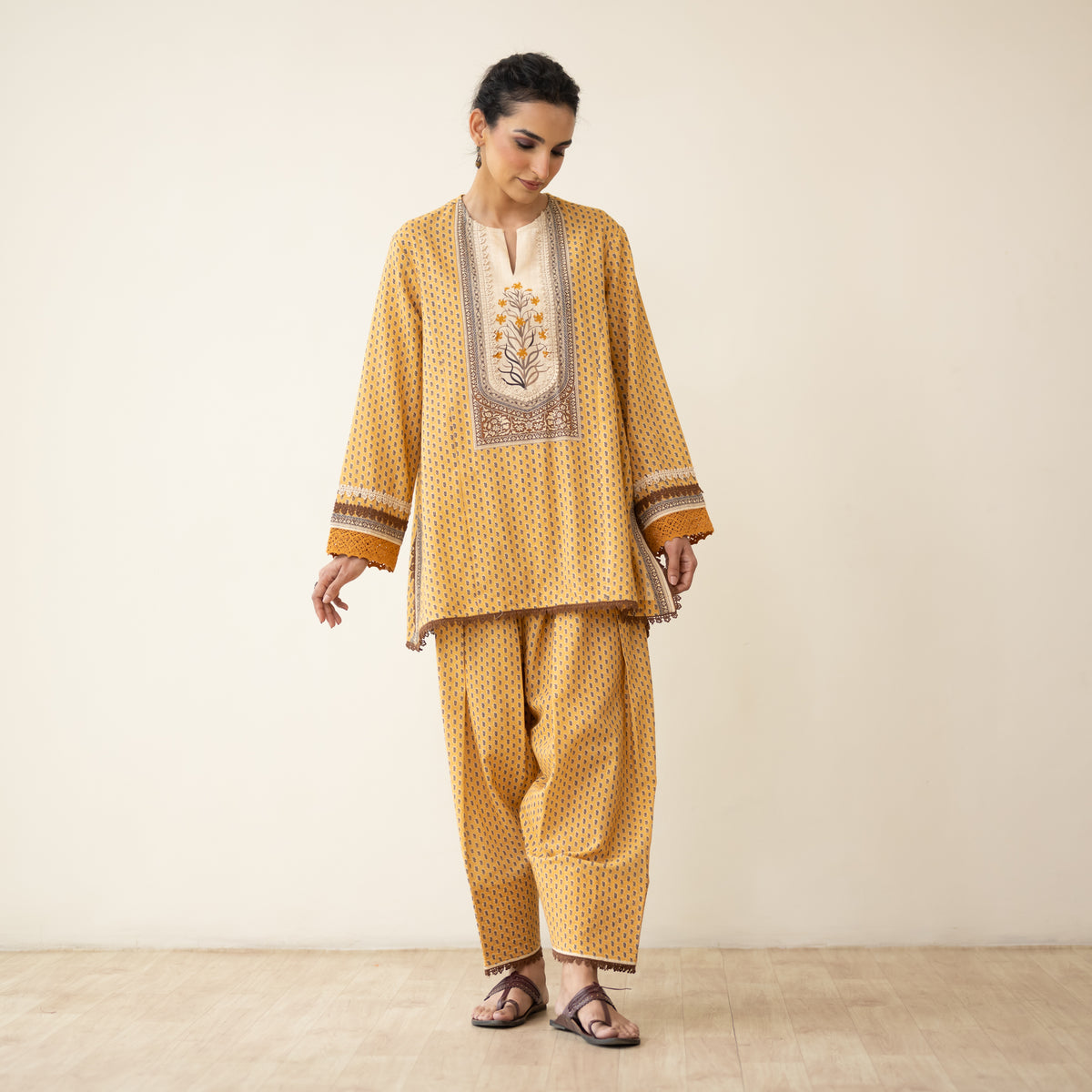 Nazreen Lace Detailed Slub Cotton Salwar Set - Ochre