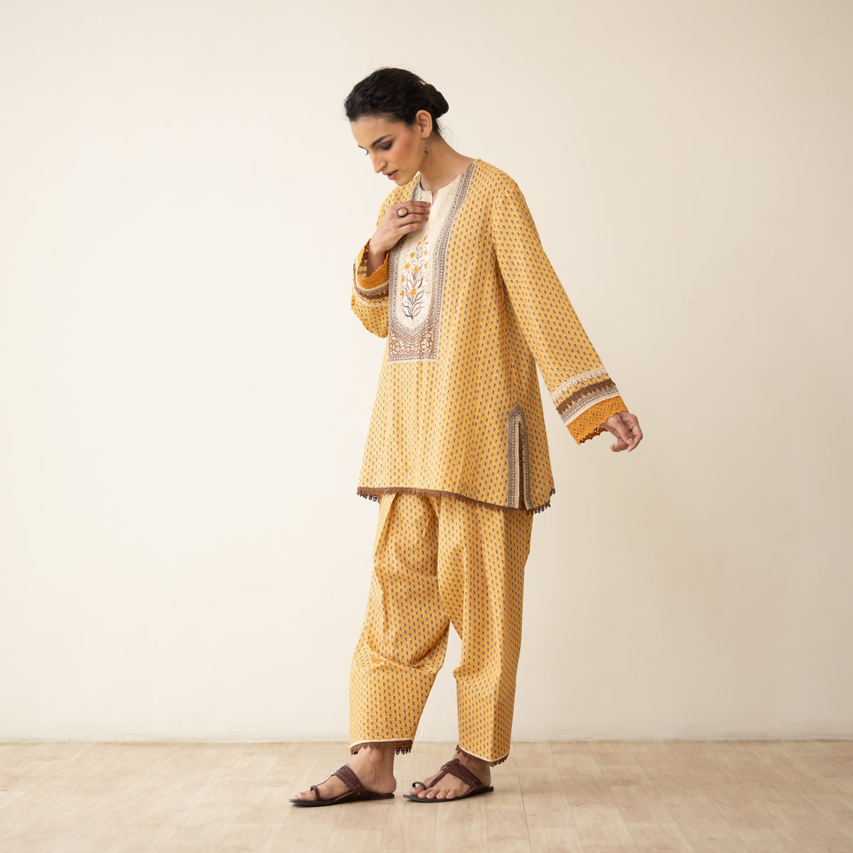 Nazreen Lace Detailed Slub Cotton Salwar Set - Ochre