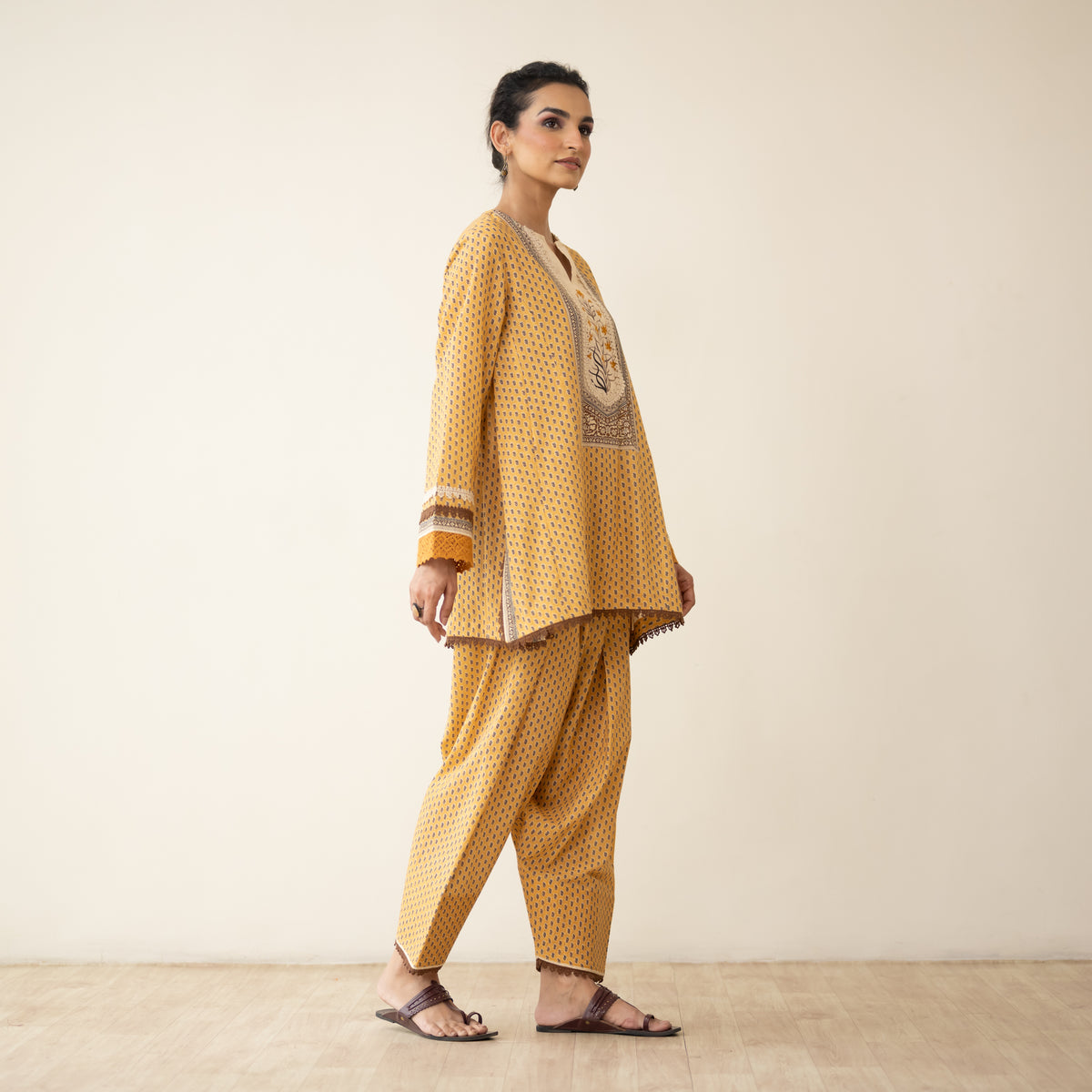 Nazreen Lace Detailed Slub Cotton Salwar Set - Ochre