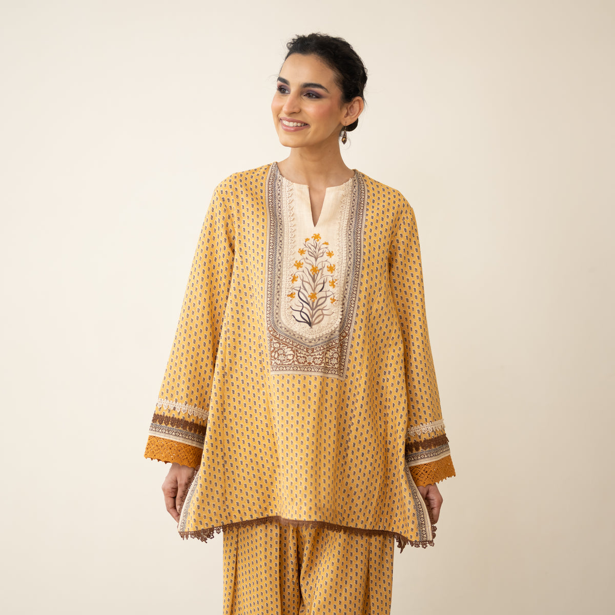 Nazreen Lace Detailed Slub Cotton Salwar Set - Ochre