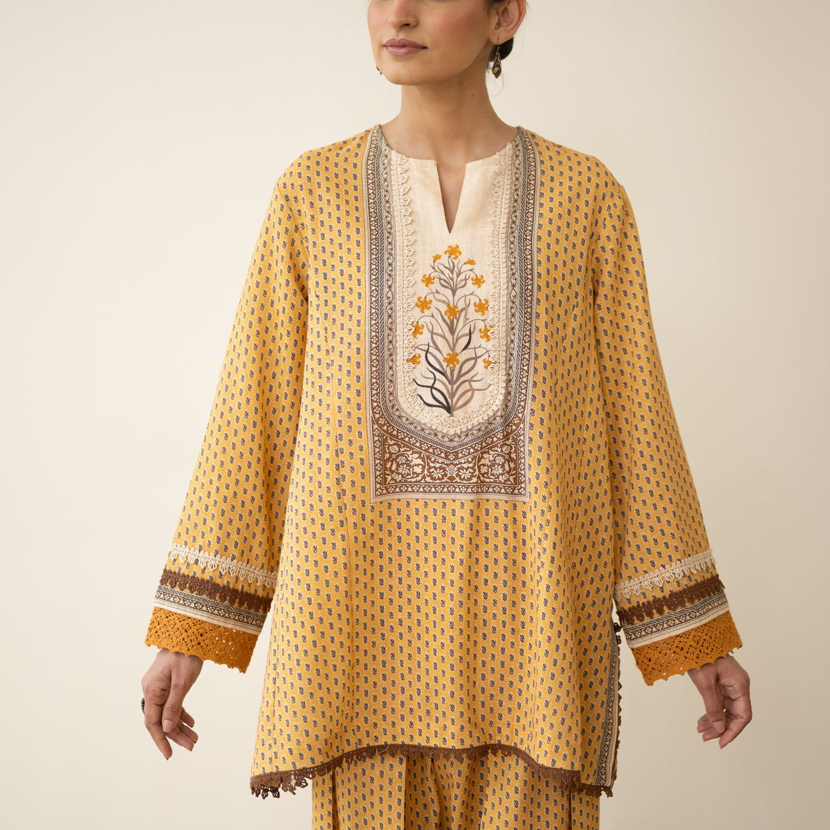 Nazreen Lace Detailed Slub Cotton Salwar Set - Ochre