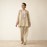 Nazreen Lace Detailed Slub Cotton Salwar Set - Cardamom