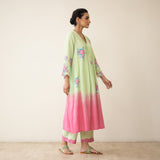 Cherry Blossom Embroidered Linen Cotton Kurta Set - Pista Green & Candy Pink