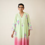 Cherry Blossom Embroidered Linen Cotton Kurta Set - Pista Green & Candy Pink