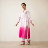 Cherry Blossom Embroidered Linen Cotton Kurta Set - Cherry Pink