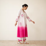 Cherry Blossom Embroidered Linen Cotton Kurta Set - Cherry Pink