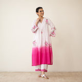 Cherry Blossom Embroidered Linen Cotton Kurta Set - Cherry Pink