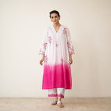 Cherry Blossom Embroidered Linen Cotton Kurta Set - Cherry Pink