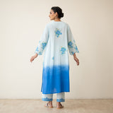 Cherry Blossom Embroidered Linen Cotton Kurta Set - Ocean Blue