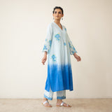Cherry Blossom Embroidered Linen Cotton Kurta Set - Ocean Blue