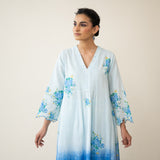 Cherry Blossom Embroidered Linen Cotton Kurta Set - Ocean Blue