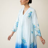 Cherry Blossom Embroidered Linen Cotton Kurta Set - Ocean Blue