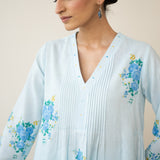Cherry Blossom Embroidered Linen Cotton Kurta Set - Ocean Blue