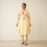 Jaba Hand Embroidered Festive Mulmul Cotton Kurta Set - Mango Yellow