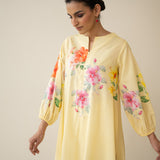 Jaba Hand Embroidered Festive Mulmul Cotton Kurta Set - Mango Yellow