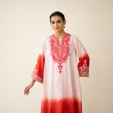 Sunset Embroidered Linen Cotton Kurta Set - True Red