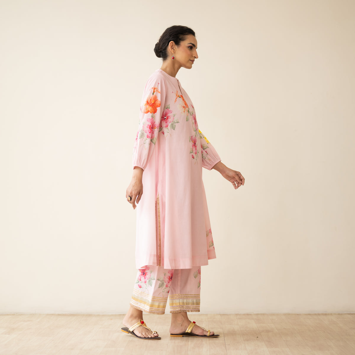 Jaba Hand Embroidered Festive Mulmul Cotton Kurta Set - Soft Pink
