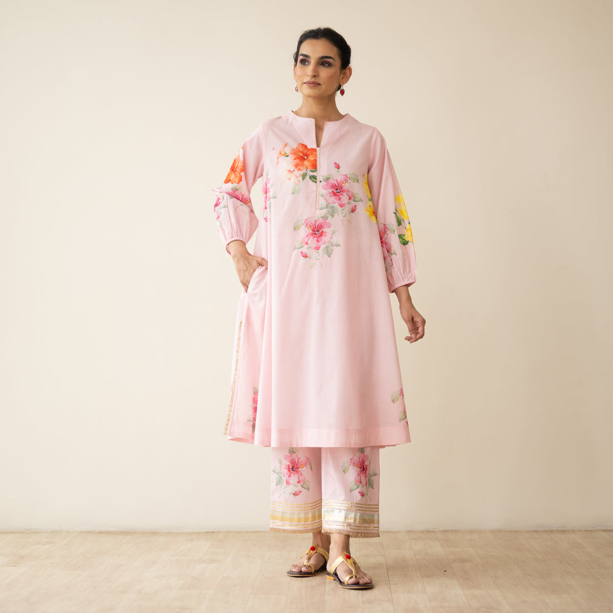 Jaba Hand Embroidered Festive Mulmul Cotton Kurta Set - Soft Pink