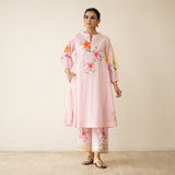 Jaba Hand Embroidered Festive Mulmul Cotton Kurta Set - Soft Pink