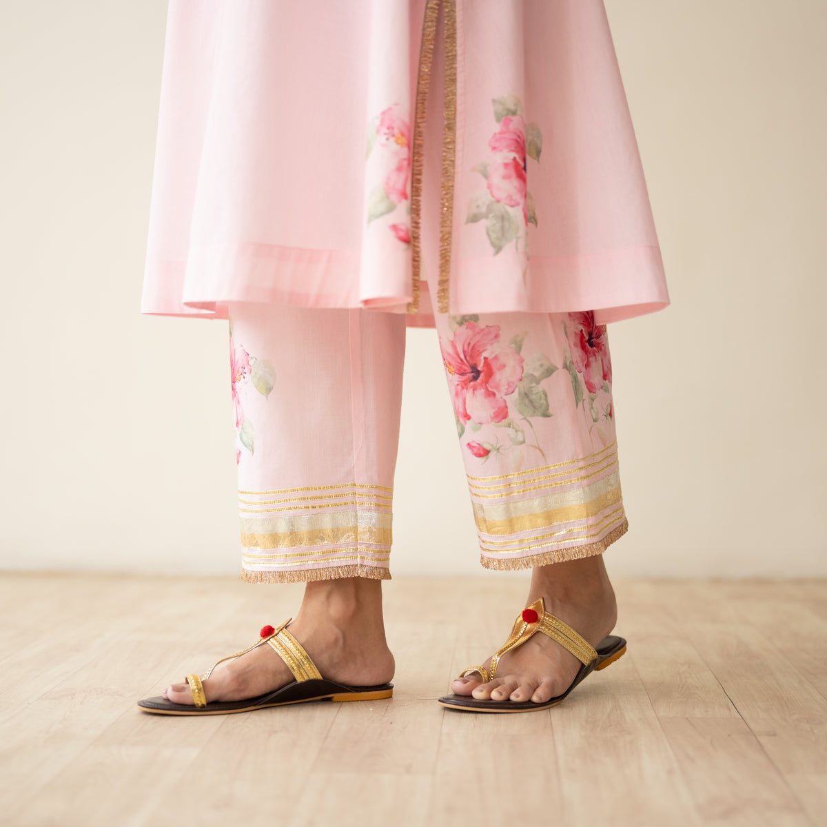 Jaba Hand Embroidered Festive Mulmul Cotton Kurta Set - Soft Pink