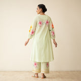 Jaba Hand Embroidered Festive Mulmul Cotton Kurta Set - Pista Green