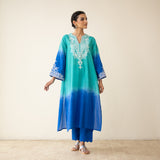 Sunset Embroidered Linen Cotton Kurta Set - Teal & Ocean Blue