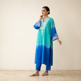Sunset Embroidered Linen Cotton Kurta Set - Teal & Ocean Blue
