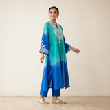 Sunset Embroidered Linen Cotton Kurta Set - Teal & Ocean Blue