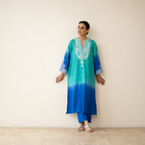 Sunset Embroidered Linen Cotton Kurta Set - Teal & Ocean Blue