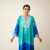 Sunset Embroidered Linen Cotton Kurta Set - Teal & Ocean Blue