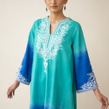 Sunset Embroidered Linen Cotton Kurta Set - Teal & Ocean Blue