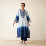 Sunset Embroidered Linen Cotton Kurta Set - Indigo