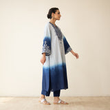Sunset Embroidered Linen Cotton Kurta Set - Indigo