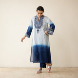 Sunset Embroidered Linen Cotton Kurta Set - Indigo