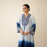 Sunset Embroidered Linen Cotton Kurta Set - Indigo