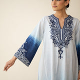 Sunset Embroidered Linen Cotton Kurta Set - Indigo