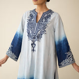 Sunset Embroidered Linen Cotton Kurta Set - Indigo