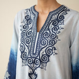 Sunset Embroidered Linen Cotton Kurta Set - Indigo